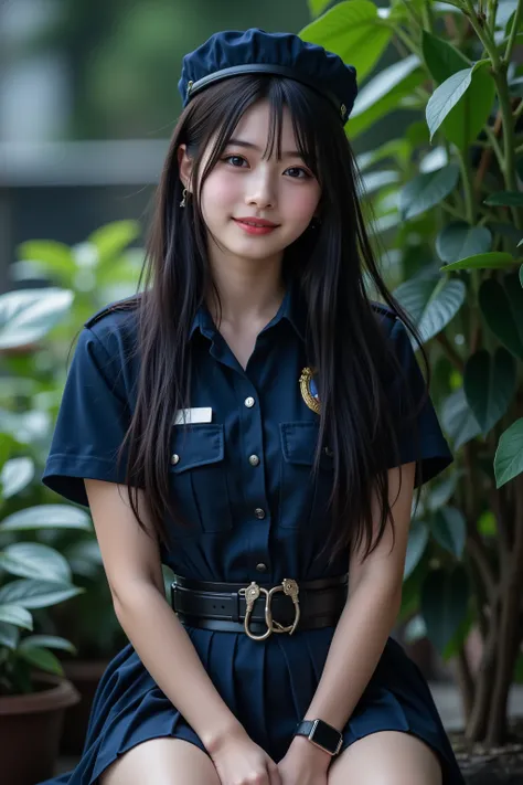 A charming, smiling young woman with long black hair and light skin, sitting on a chair and waiting for someone with a warm, gentle smile. She is dressed in a dark blue police officer’s uniform, including a short-sleeved shirt unbuttoned to show a visible ...