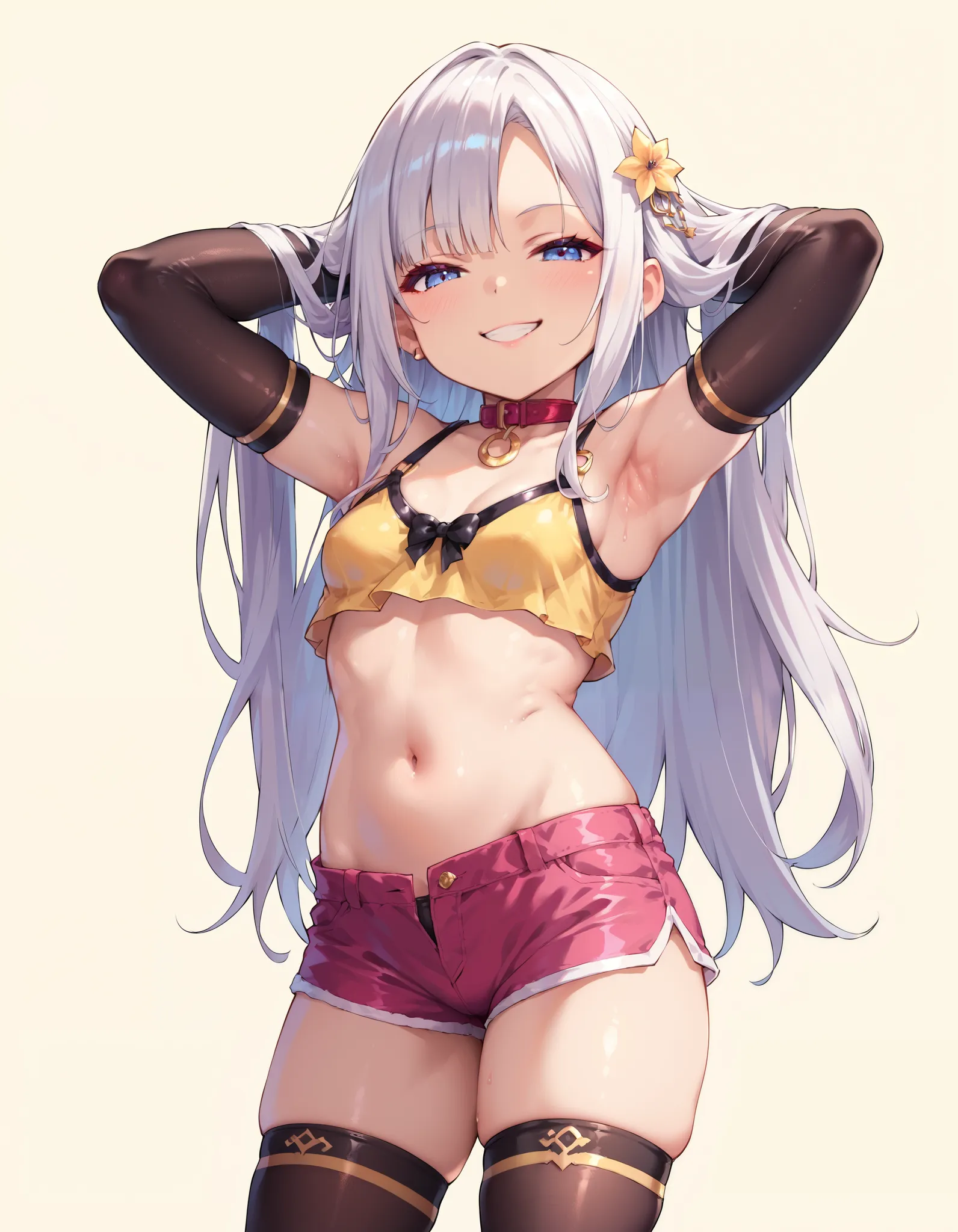  score_9,  score_8_up,  score_7_up, masterpiece, Highest quality, very sexual poses,change, Erinkle ,1 girl, Alone,  white hair, long hair, looking towards the viewer, Skin irregularities, ,  smug , Lewd smile, small breasts, crop top,  shorts, Hip,  thigh...