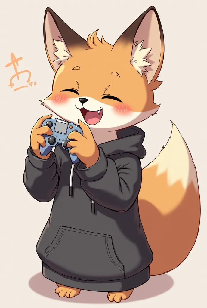 An anime brown fox with brown hair an a black hoodie and a controller and he is smiling