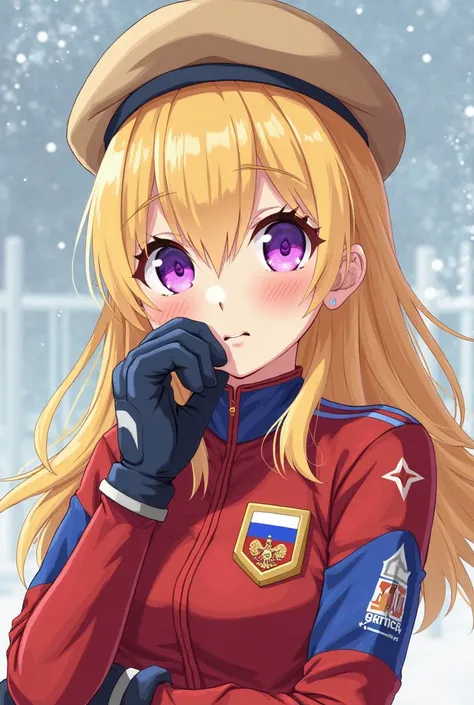 A blonde girl Clara Russian, purple-eyed, With a Russian aura,  looking serious and impressive , De Conflection Delgada, wearing a camel-colored beret, Russian national team uniform , goalie gloves, In Russia , Anime Style