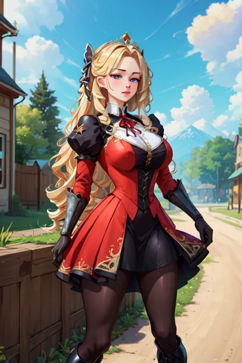 (masterpiece, best quality, absurdres, 4k, aesthetic, detailed, intricate),1girl,nikkecrwn,tiara, hair ribbon, long blonde drill hair, drill locks, Oppulent historically accurate victorian dress, short dress, armored dress, (black pantyhose), thigh boots, ...