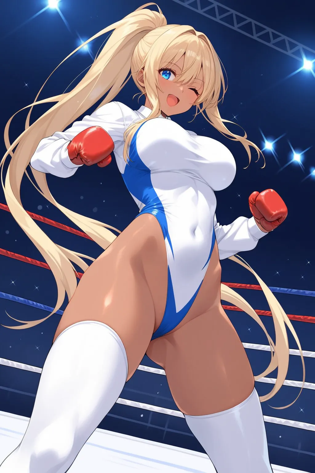 score_9, score_8_up, score_7_up, source_anime, ((dark skinned girl)), (one eye closed), 1girl, short stature, ((long hair, bangs, long ponytail, straight hair, long sidelocks)), (blonde hair, blue eyes), large breasts, ((She wears white white competition l...