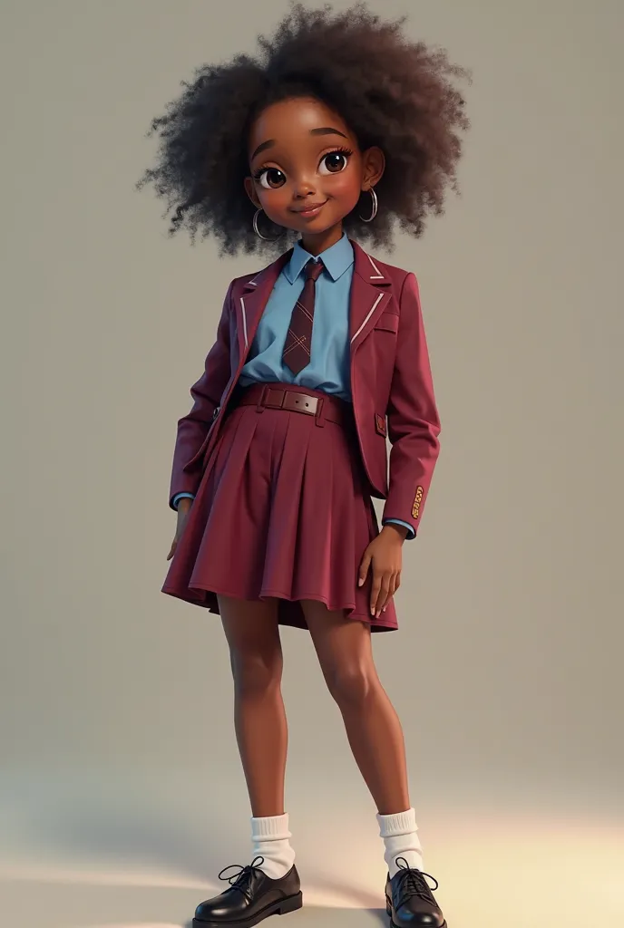 Create an image of a black girl  wearing a maroon skirt and blue shirt with white socks and black shoes, striped tie and maroon blazer