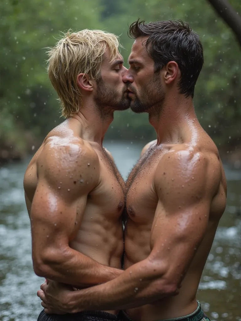 Wet messy medium blonde hair, shirtless, muscular, big pecs, six-pack abs, fit, bulky, bodybuilder, buff, hunk, well tone body, two men, lumberjack, sweating, taking a dip in a river at the woods, side view, hugging naked, nude,