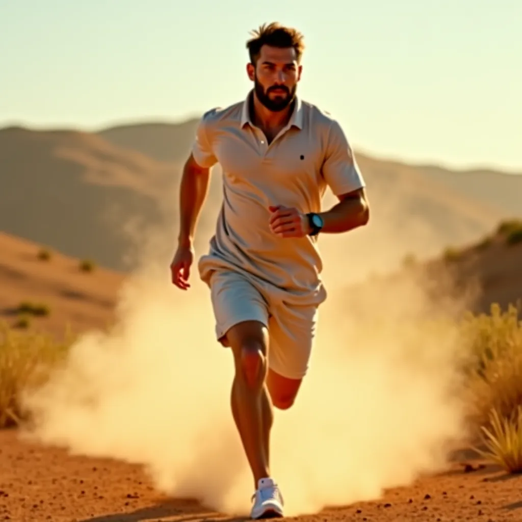 A fit, athletic, bearded man running on a dusty trail, wearing a light-colored short-sleeve polo shirt, comfortable shorts, and white athletic shoes. He has a determined expression, tanned skin, and a watch on his wrist. Dust clouds rise behind him as he m...