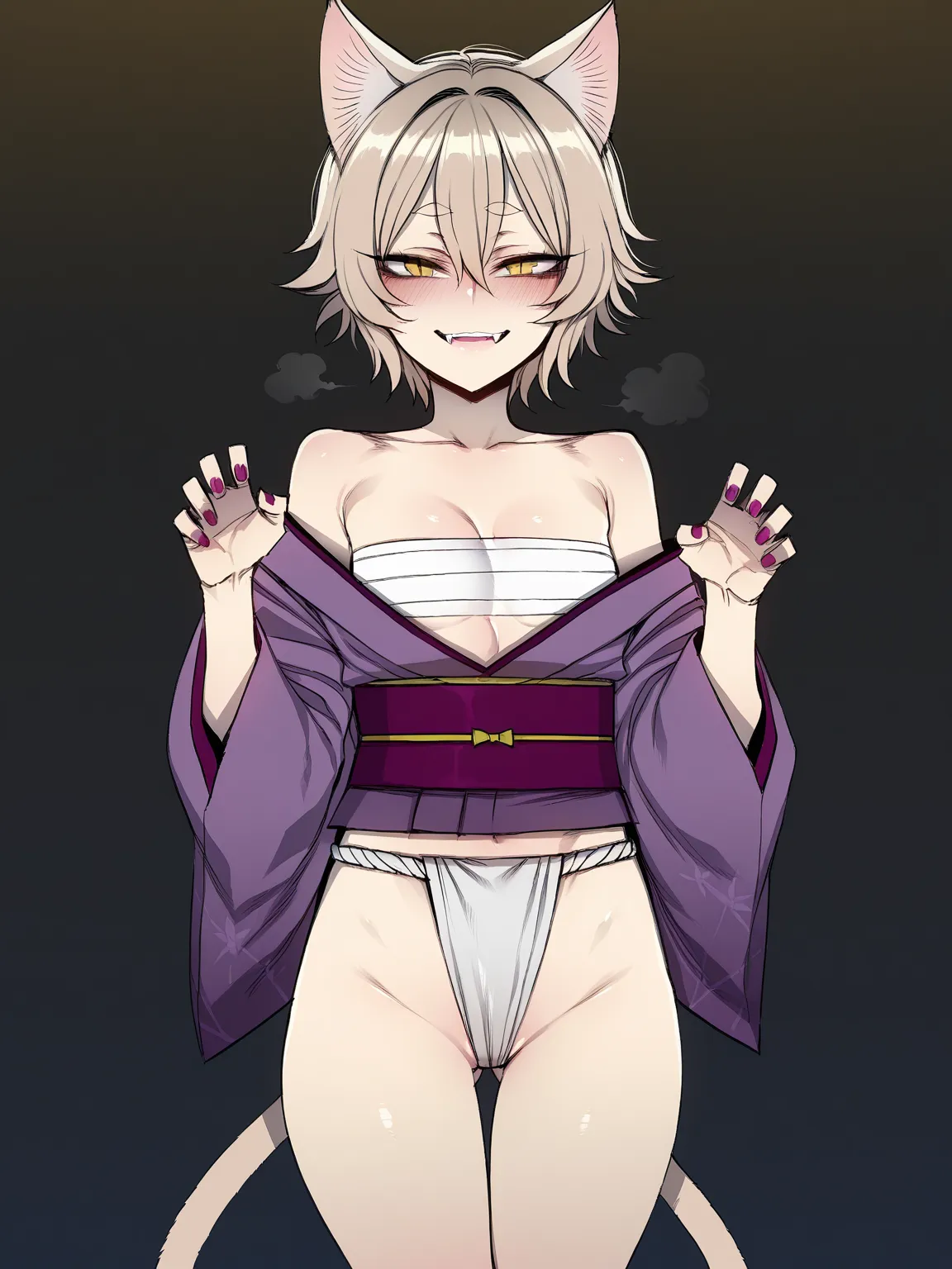 ((ratatatat74)), ((1 girl)), solo, Nekomata, light brown hair, ((short hair))), hair between eyes, light brown cat_ears, short eyebrows, yellow eyes, slit_pupils, fangs, nail, mesugaki, small_breasts, purple_color_short_kimono, bandaged_chest, fundoshi, gi...