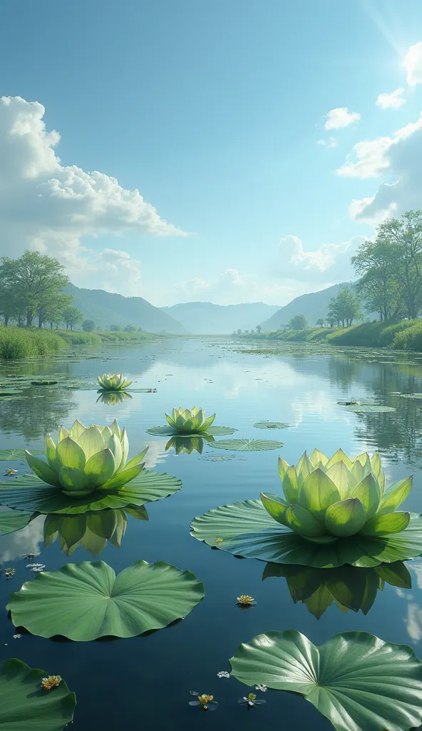 A peaceful, serene lake under the bright, clear sky of daytime. The water is still and reflects the azure blue sky and the light clouds drifting lazily overhead. Around the lake, giant lotus buds float on the surface, their green, tightly closed petals sti...