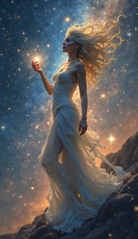 A cosmic goddess stands in the center of a swirling galaxy, her hair flowing like liquid stardust. Stars orbit around her fingertips as she gently reaches out, pulling constellations together to form new worlds. A glowing nebula pulses behind her, illumina...