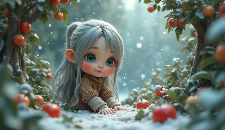 A  cute girl with ligher-skin, wearing old cloths with big blue eyes and grey hair long firing plucking apple in jungle in snow fall, 3D animation