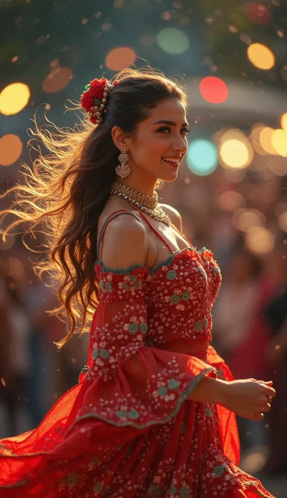 (best quality,4K,8k,A high resolution,masterpiece:1.2),ultra-detail,(realistic, photo realism ,photo-realistic:1.37),A female dancer, istanbul ,Dancing all night in a lively park,Traditional dance movements,colorful dress,long hair unraveled,joyful express...