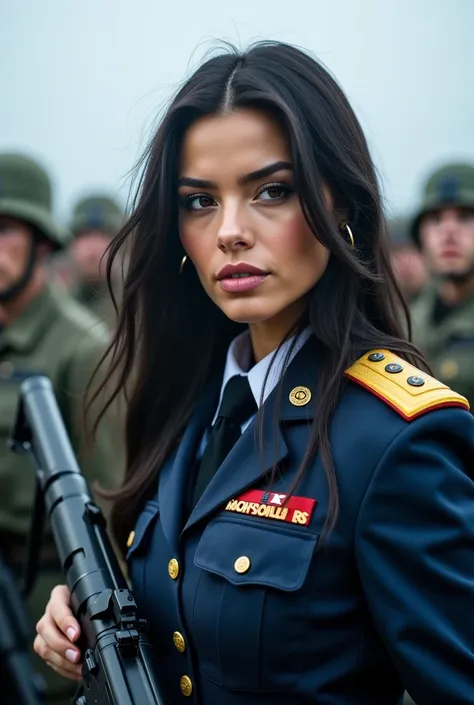 "A highly realistic image of a stunning female military officer with long dark hair, wearing a navy blue tactical uniform with golden epaulettes. She holds a rifle confidently while leading a squad of soldiers in the background. The atmosphere is misty, gi...