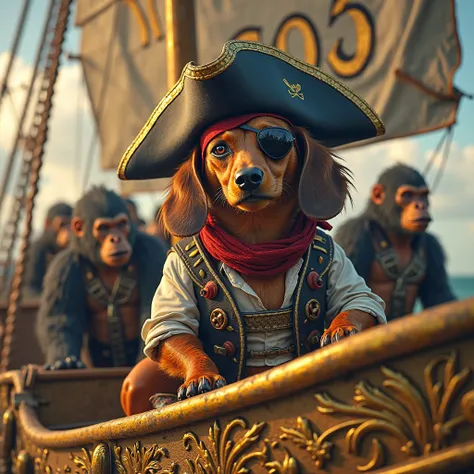 The face is a dachshund、 muscular、 wearing pirate clothes 、Aboard a pirate ship、The pirate ship is golden、pirate flag、pirate flagにSOSの文字、Lots of sailors、Sailors are gorillas