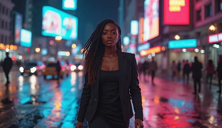  A slow-motion shot of Anita, a 22-year-old dark-skinned woman, walking confidently through the city night. Her shoulder-length braided hair sways gently, framing her face—a striking mix of determination and ambition, yet carrying traces of exhaustion from...