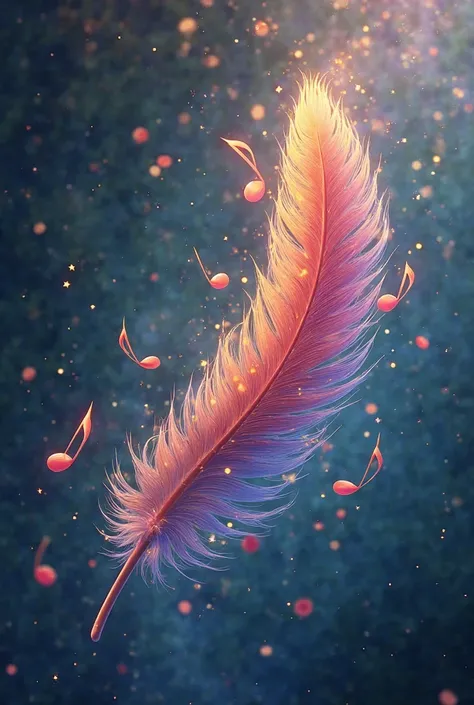 Feather that falls from a phoenix with musical notes, petals and stars 