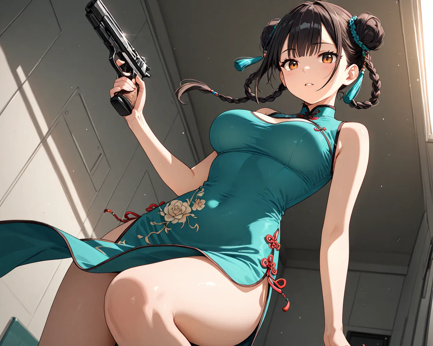  medium breasts　China dress　gun