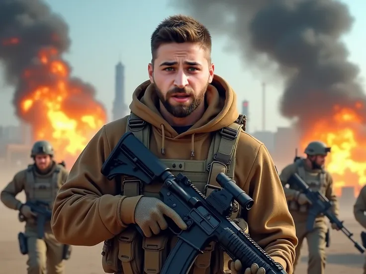 Highly detailed and cinematic war scene featuring a central male soldier with an intense, determined expression. He has short, well-groomed hair, a neatly trimmed beard, and piercing blue eyes. He is wearing a tactical military outfit in earthy tones, incl...