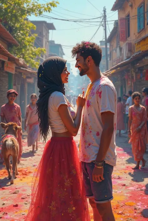 The 18 -year -old beautiful Muslim girl (wearing a black short hijab and white tight tshirt and red short skirt) (Big Heavy Boobs and Curvy Hips) plays Holi with Hindu young man.  (Village street)