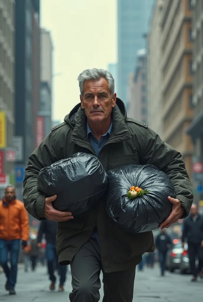 A man run bringing food covered with black plastic packaging