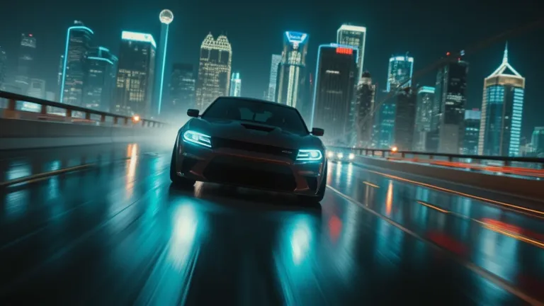 A race scene between the 2025 Dodge Charger Daytona SRT EV and a classic V8-powered muscle car on a futuristic highway at night. The electric car surges ahead, its headlights piercing through the darkness. The city skyline in the background is illuminated ...