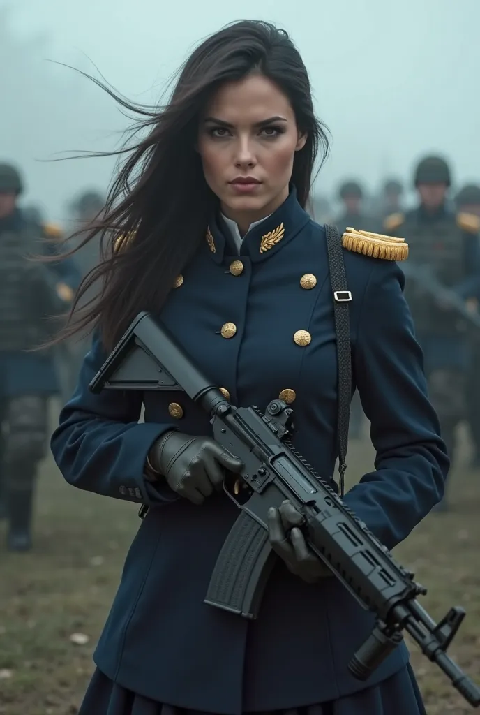 "A highly realistic image of a stunning female military officer with long dark hair, wearing a navy blue tactical uniform with golden epaulettes. She holds a rifle confidently while leading a squad of soldiers in the background. The atmosphere is misty, gi...