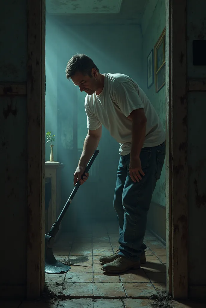 A white guy cleaning In a dark house 