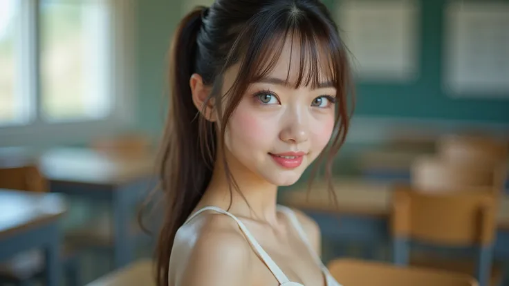 , (((The whole body is visible))), nude, (photo taken in class), (((round thin-rimmed glasses))), (((narrow low face))), young face, Super realistic, perfect lighting, (best shadow), 8K, UHD, clear image, (best lighting), highest quality, ultra-detailed im...