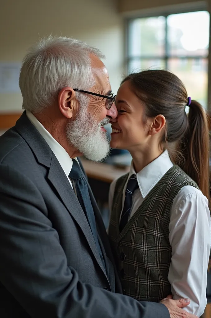 The image shows an older man and a young woman sitting closely together in a classroom setting. The man has white hair, a beard, and is wearing glasses, a suit jacket, and a tie. The young woman has long hair tied back and is dressed in a school uniform, w...