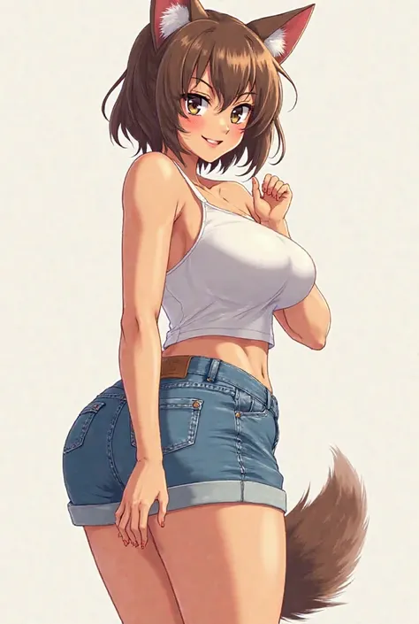 Tan anime girl wearing jean shorts a tank top with giant breasts ,giant butt,and a tail