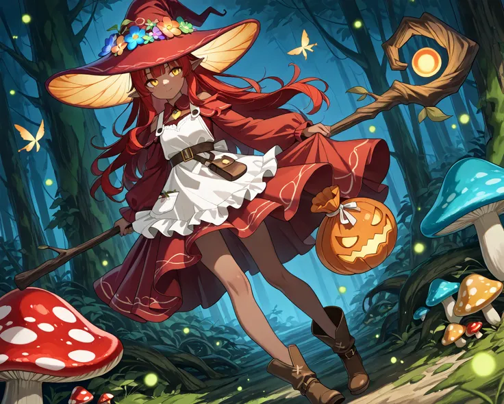 a Fungi Witch with tanned dark skin covered with freckles. Long pointy-ears. She has yellow-amber eyes. She has loose wavy  long to her feet  fiery-red  hairstyle  with straight bangs. Per witch dressing set: She wears swampy green medieval dress and an ap...