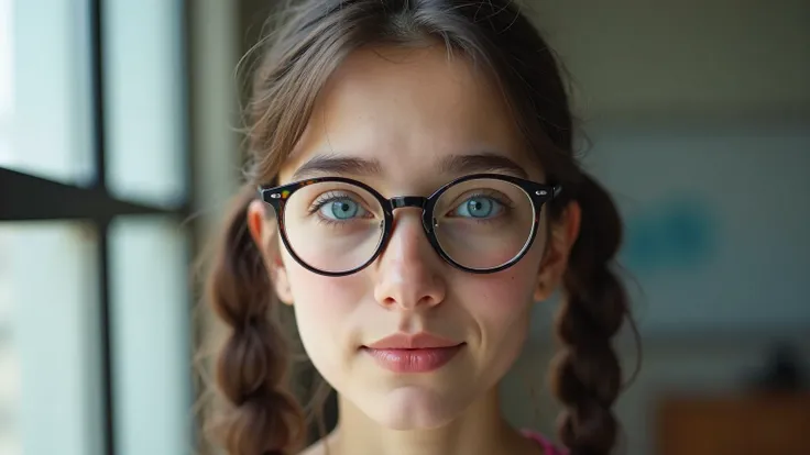 , (((The whole body is visible))), nude, (photo taken in class), (((round thin-rimmed glasses))), (((narrow low face))), young face, Super realistic, perfect lighting, (best shadow), 8K, UHD, clear image, (best lighting), highest quality, ultra-detailed im...