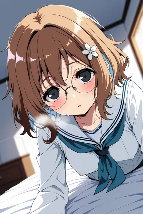 reia_kosu,1 female,solo,pretty,
ohana_matsumae,

short hair,brown hair,hair ornament,
flower,hair flower,stupid hair,long hair,
colored inner hair,

black eyes,big eyes,slant eyes,sleepy eyes,
long eyelashes,silver-rimmed round glasses,

extreme close-up u...