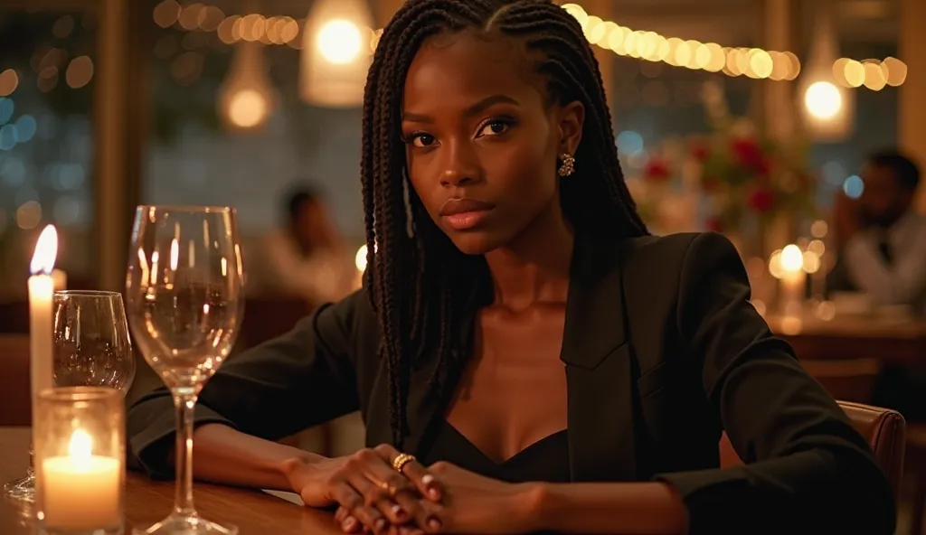 ophisticated evening scene featuring Anita, a 22-year-old dark-skinned woman, seated at a high-end restaurant in Westlands, Nairobi. Her shoulder-length braided hair frames her poised and confident face, her eyes reflecting a mix of determination and ambit...