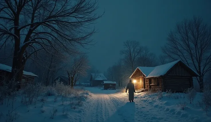 A deadly winter night in a poor rural village, with fierce winds shaking the mud houses. The sky is pitch black, and the snow-covered trees sway violently. A dim lantern flickers outside a small, fragile hut, casting long shadows. The eerie silence is brok...