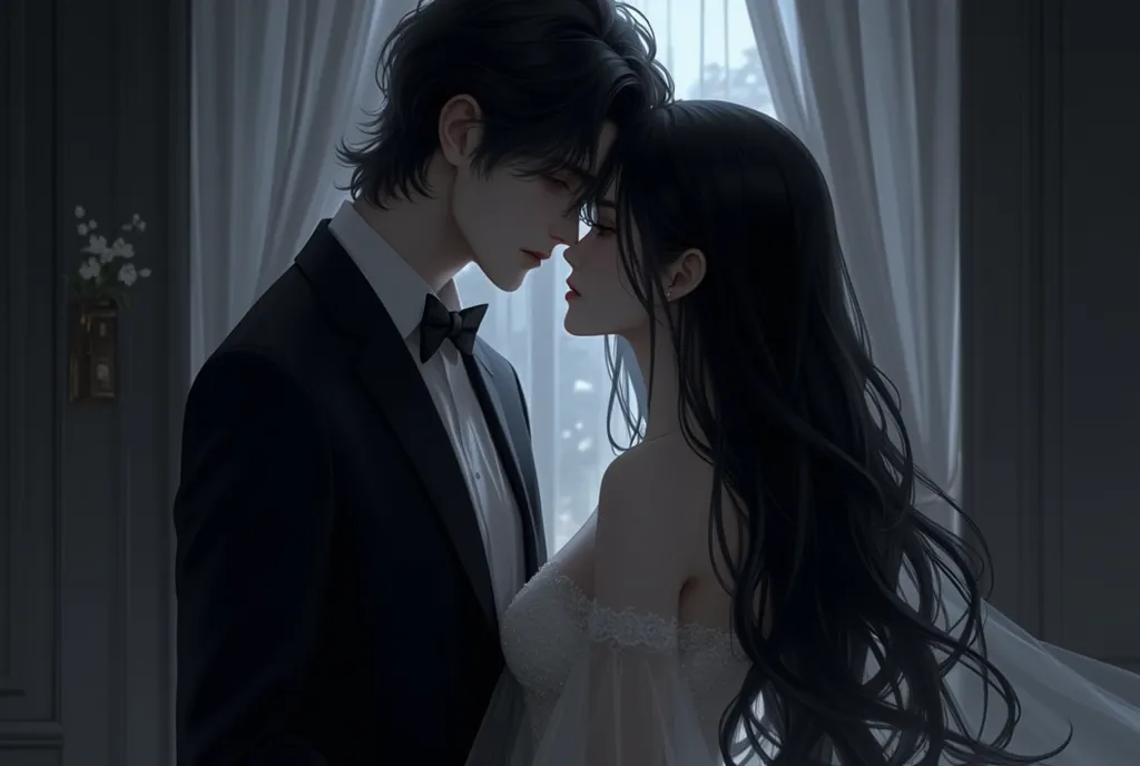 A handsome man who fell into darkness in an animated illustration , Masterpiece, high resolution, Best quality at best, 8K, top quality,  1 man (wearing formal dark suit, handsome), 1woman (wearing an evening flowy dress, black long hair), modern couple, a...