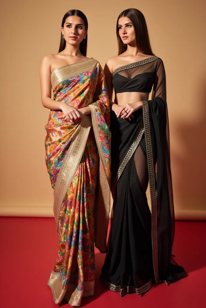 two women are exactly looking like tara sutaria with f-cups size, one wearing colourful pattern low waist saree with very transparent dupatta covered her navel but transparency of dupatta showing her belly button underneath and other wearing black low wais...