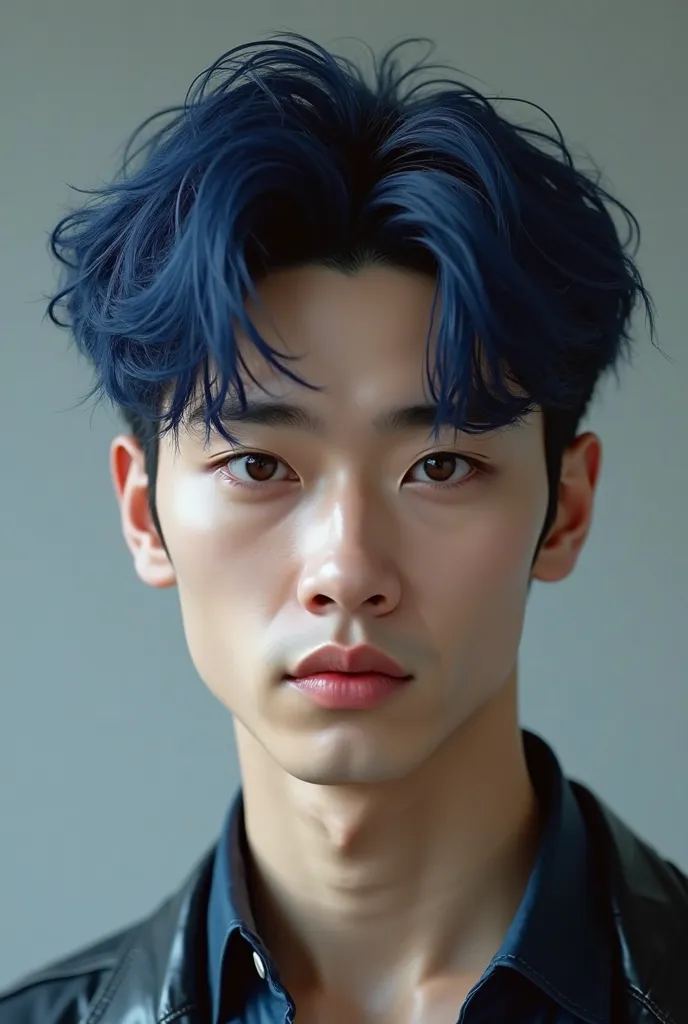 Create a boy with navy blue hair, handsome, Korean