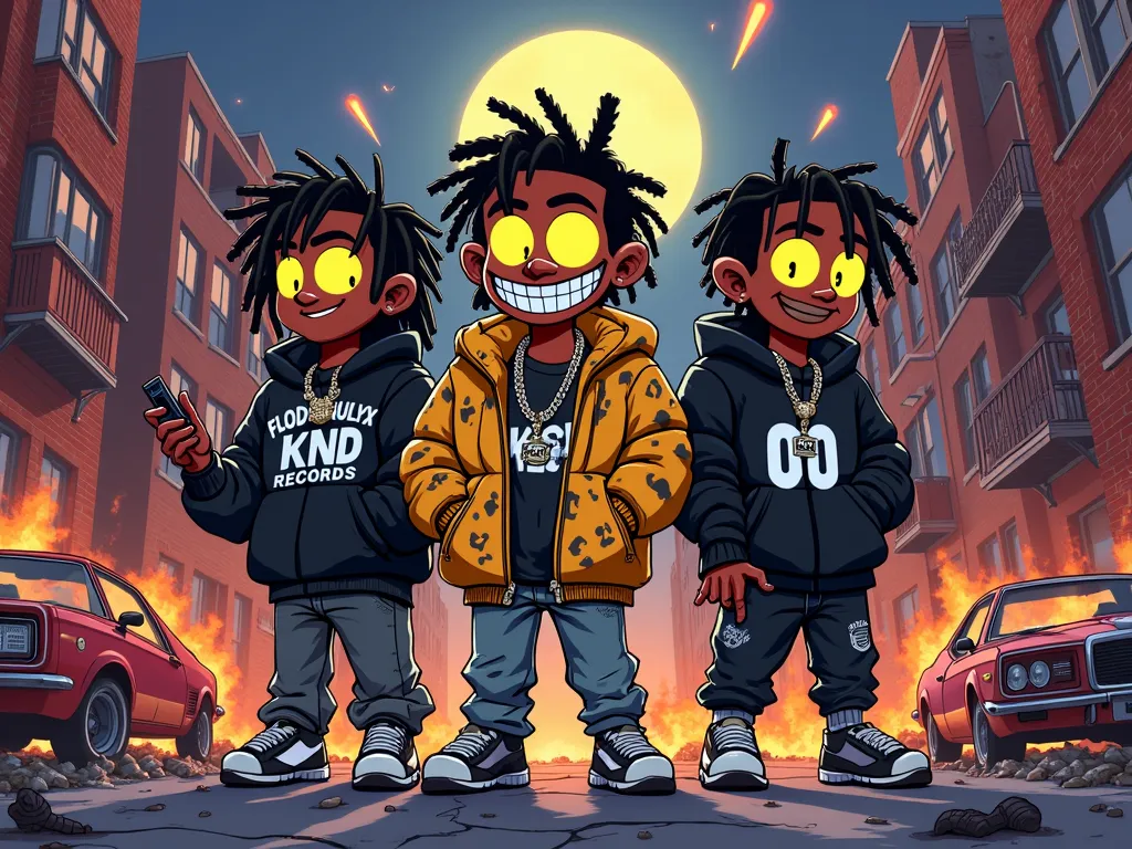 A stylized 2D animated cartoon featuring three rappers with a rebellious, streetwise aesthetic in a dystopian, post-apocalyptic project neighborhood. The characters have exaggerated features with large, glowing yellow eyes, wide toothy grins with diamond-s...