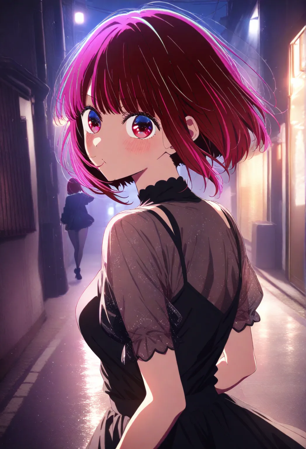 1girl, 1girl, arima kana, oshi no ko, Black shirt, sheer sleeves, fitted inner top,sensitive,night time, solo, alley, looking at viewer, walking,perfect hands, perfect face, masterpiece, high score, great score, absurdres