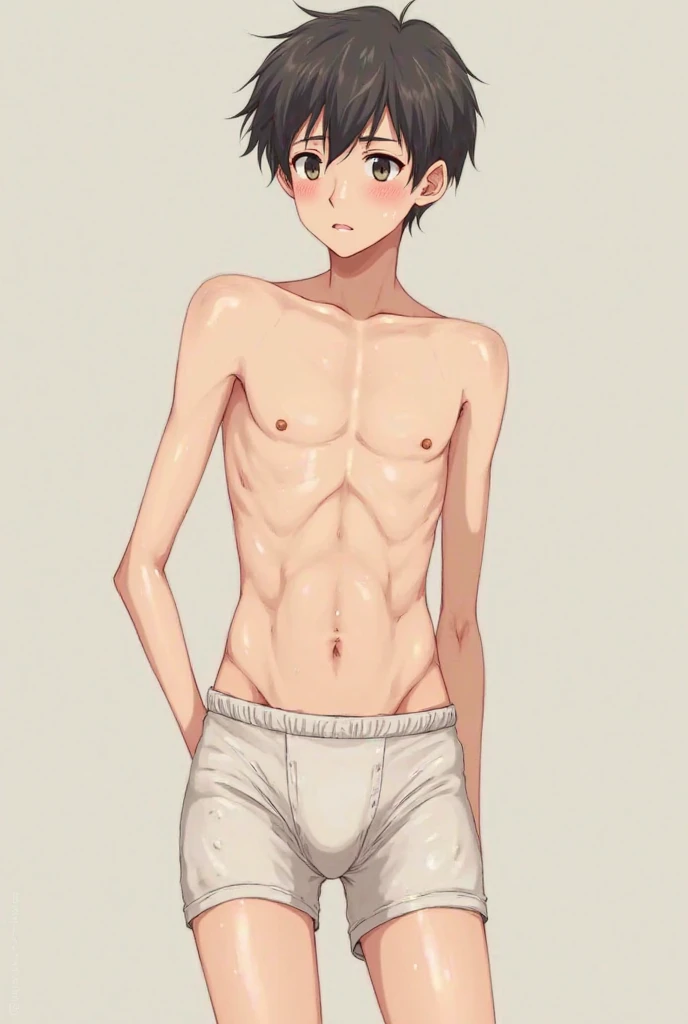 Make me an anime boy, naked with a standing and wet penis in boxer shorts 