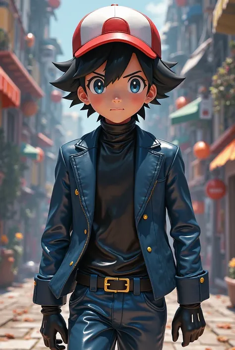 Early age boy 、pokemon ash、 word、 black hair、 red cap with white front、shiny navy blue leather blazer、shiny black vinyl high neck sweater、 black gloves、shiny dark blue leather tight pants、3d