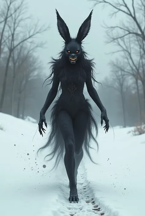 a dark demon bunny goddess woman walking in the snow