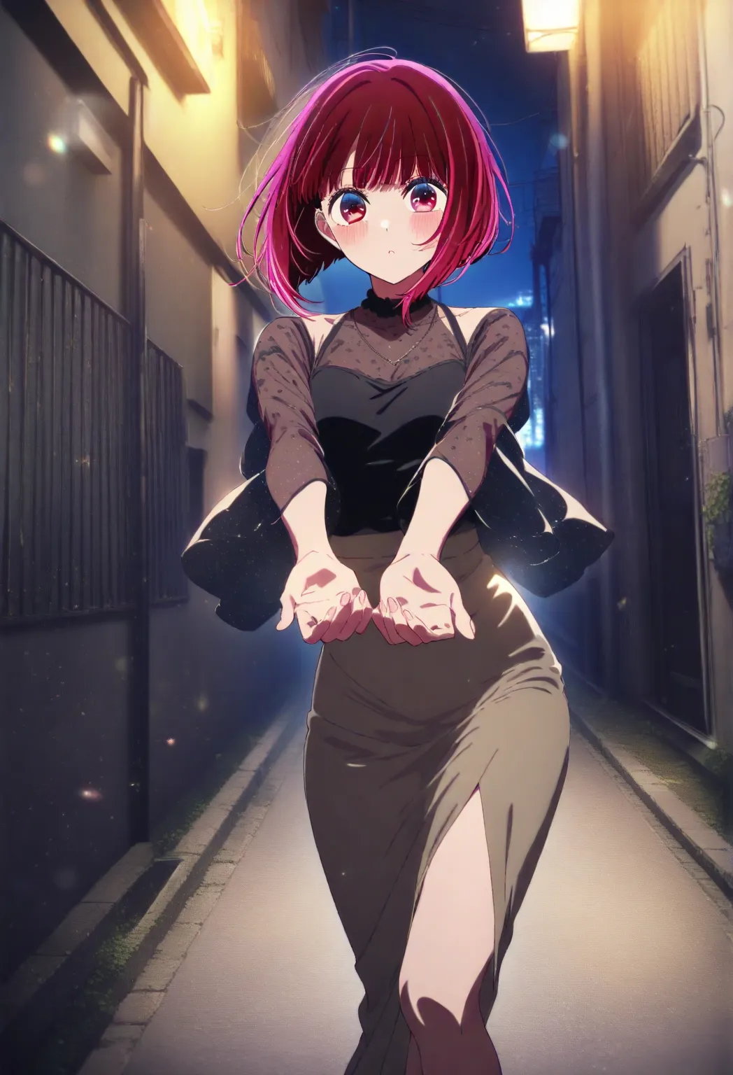 1girl, 1girl, arima kana, oshi no ko, Black shirt, sheer sleeves, fitted inner top,sensitive,night time, solo, alley, looking at viewer, walking,perfect hands, perfect face, masterpiece, high score, great score, absurdres