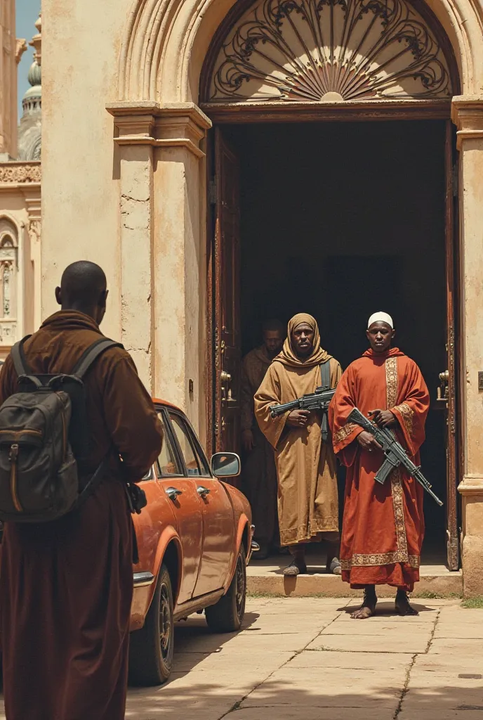 A car packs in front of a mosque and two Africans come out dressed in traditional clothing holding assault rifles. A priest comes out of the church to approach them with church members hiding behind the priest, some behind the door 