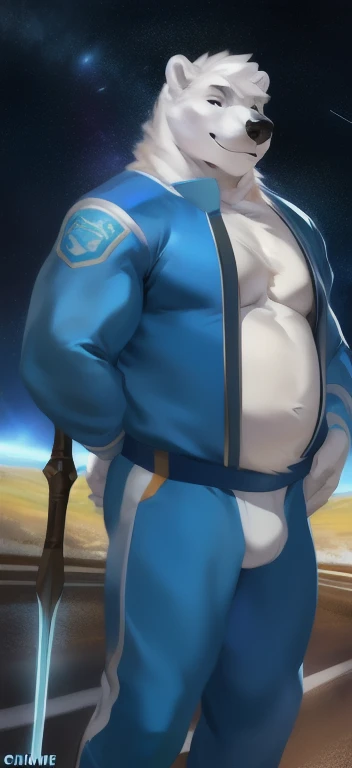 alone , Male tall , Fly the space sky trail, road,polar bear , Blue Military Spacesuit,Holding a magical staff of Water ice element, Overweight , strapped muscles , smirking ,​by chunie