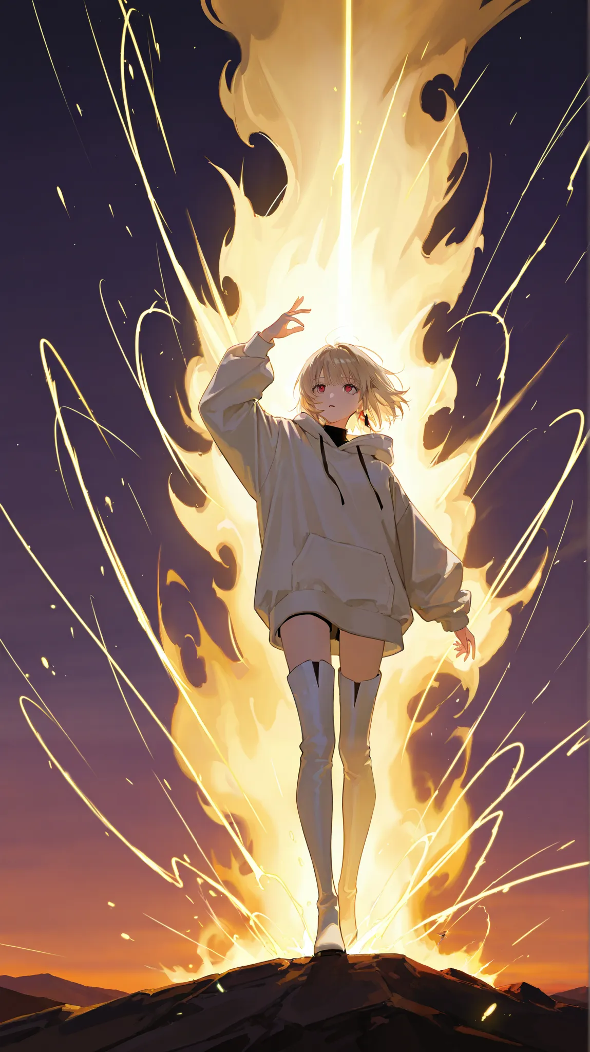 1girl, blonde, light gold hair flutters in the wind,  light golden hair , dark red eyes, dark brown eyes with red tint, Girl in a white oversized hoodie with white long thigh boots,  thigh length boots , reaches out one hand to the sky, the second hand is ...