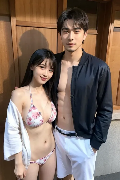 Female and male age couple,Japan,cute., Standing side by side,Love each other, Bikini,sexy.