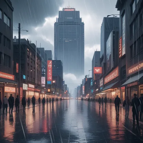 japanese aesthetic anime raining scenario without humans,heavy rainfall,dramatic cloudy sky, moody atmosphere, crowded city, Anime Style, High Resolution, 