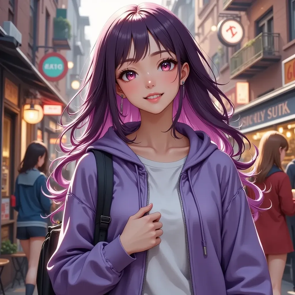 beautiful woman under hoodie　Walking with 3 friends　purple semi-long casual rough fashion　style is outstanding　Her face looks mature　　 shopping　Laugh happily　My hair color is purple
A group of 3 people who are good friends　Eyes are cute　cute　Cafe　Walking w...