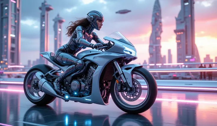 A beautiful robotic girl riding a futuristic motor bike 