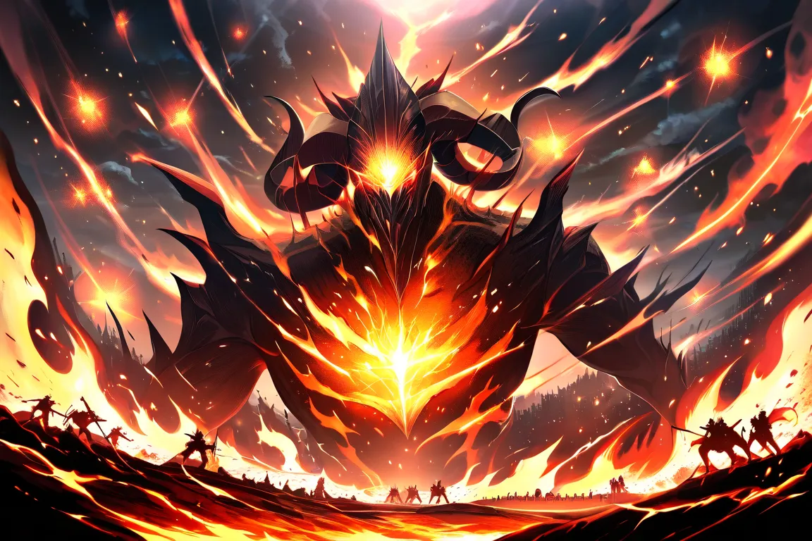 "A surreal battle scene featuring an army of giant dekopon fruits with glowing eyes and sharp, curved horns protruding from their tops. Their vibrant orange skin appears slightly rough and textured. The dekopon warriors stand in a dramatic, fiery battlefie...